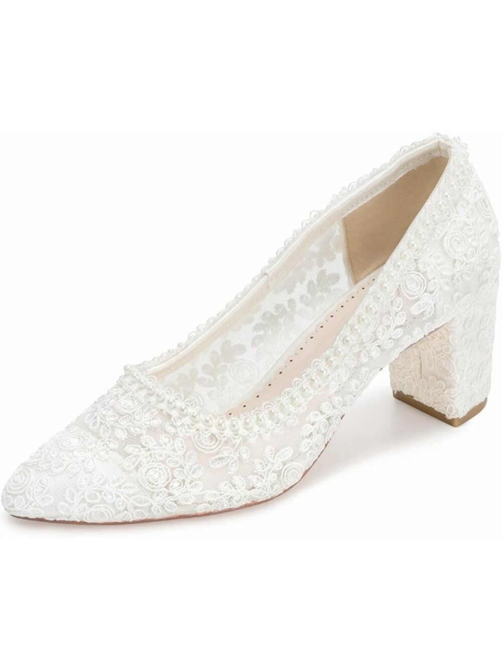 Elegant Closed Toe Wedding Shoes - 2.56" Block Heel Lace Pearl Bridal Pumps